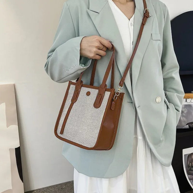 Summer Women's Small Shoulder Bag Canvas Crossbody Zippered Bucket Bag