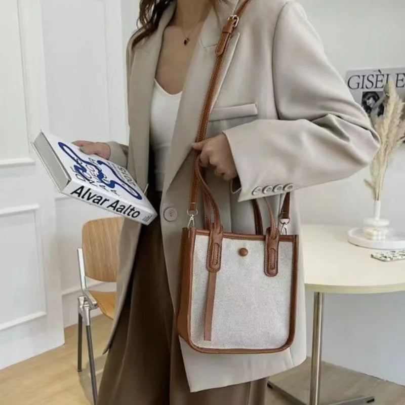 Summer Women's Small Shoulder Bag Canvas Crossbody Zippered Bucket Bag
