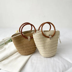 Summer Wooden Handle Straw Beach Bag Woven Handbag Travel Top-Handle Bag Rattan