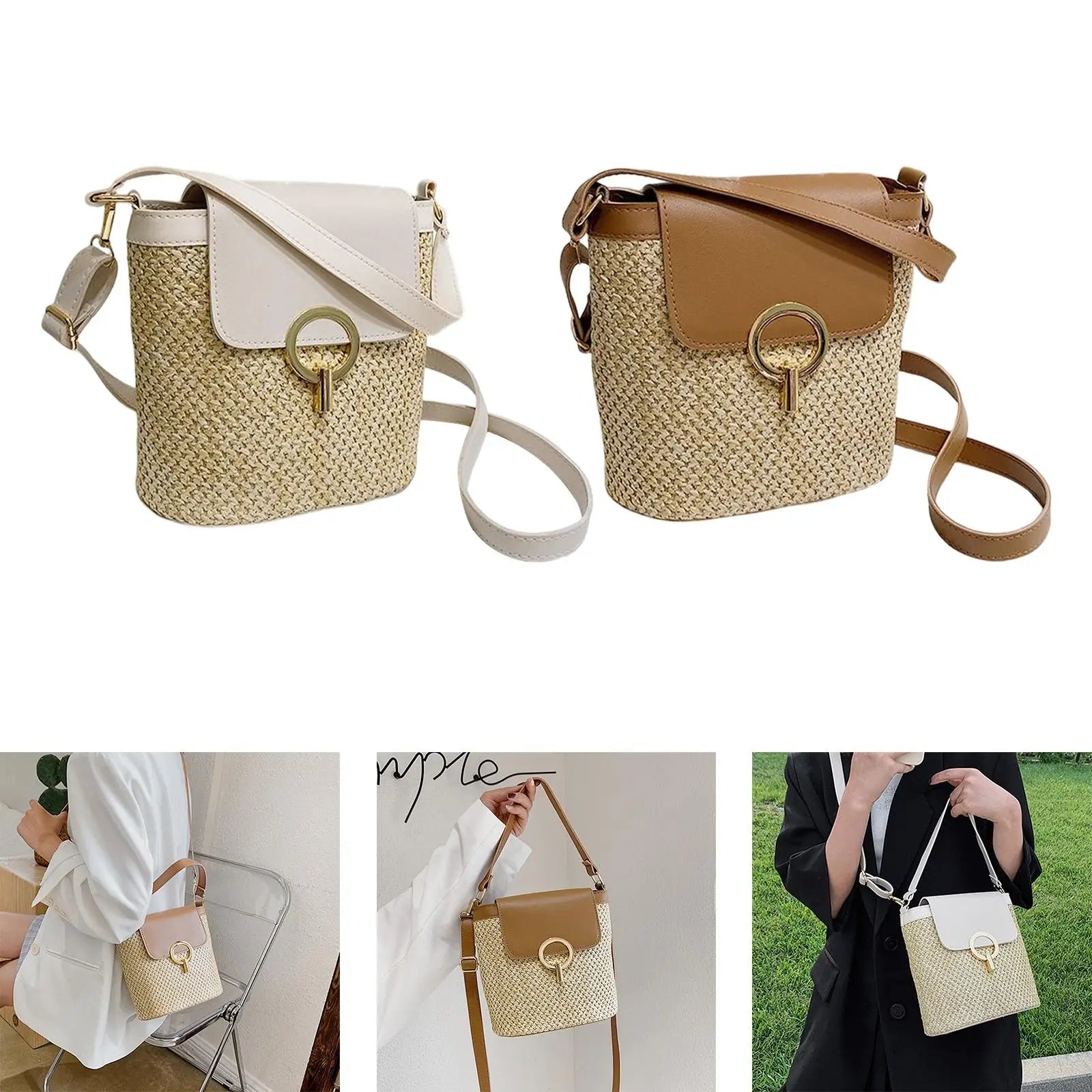 Summer Woven Handbag with Shoulder Strap Rattan Purse Tote for Shopping Beach