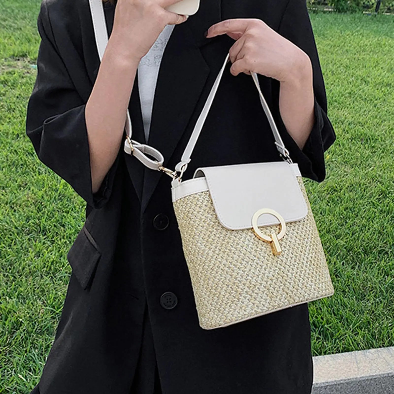 Summer Woven Handbag with Shoulder Strap Rattan Purse Tote for Shopping Beach