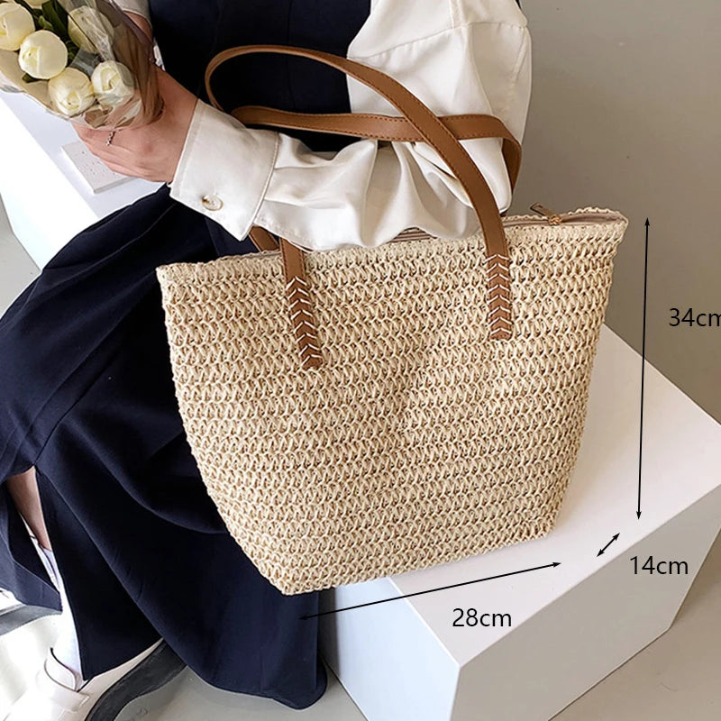 Summer Woven Shoulder Bag Women Beach Straw Knitted Handbag Travel Tote