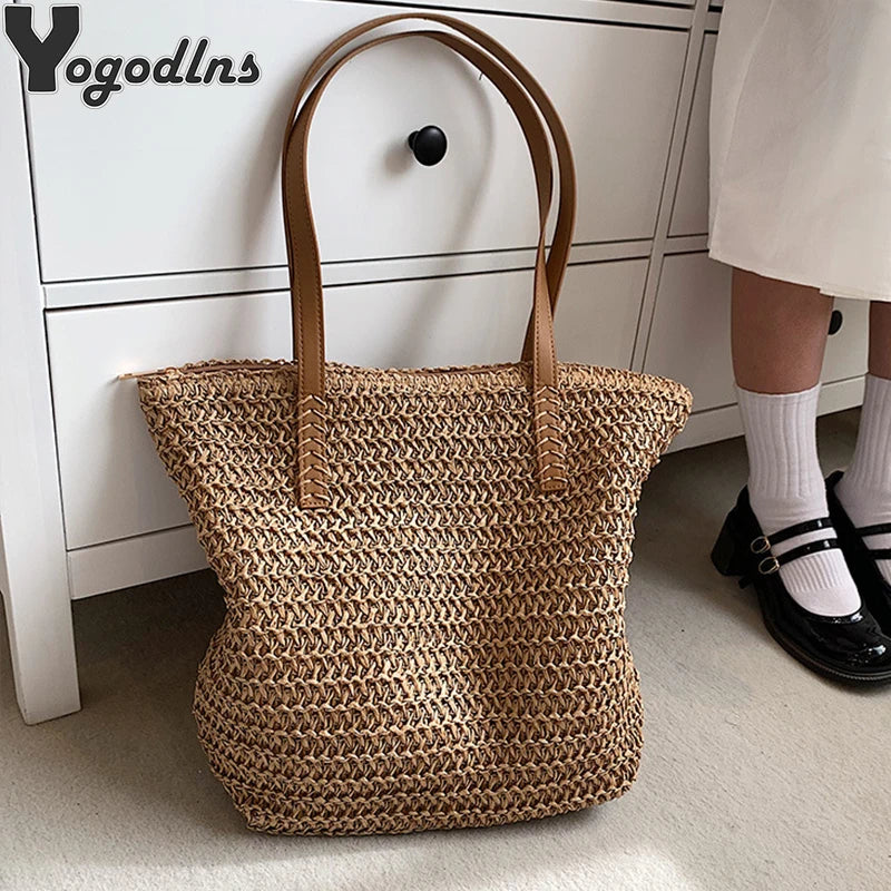 Summer Woven Shoulder Bag Women Beach Straw Knitted Handbag Travel Tote