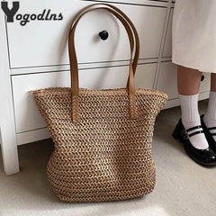 Summer Woven Shoulder Bag Women Beach Straw Knitted Handbag Travel Tote