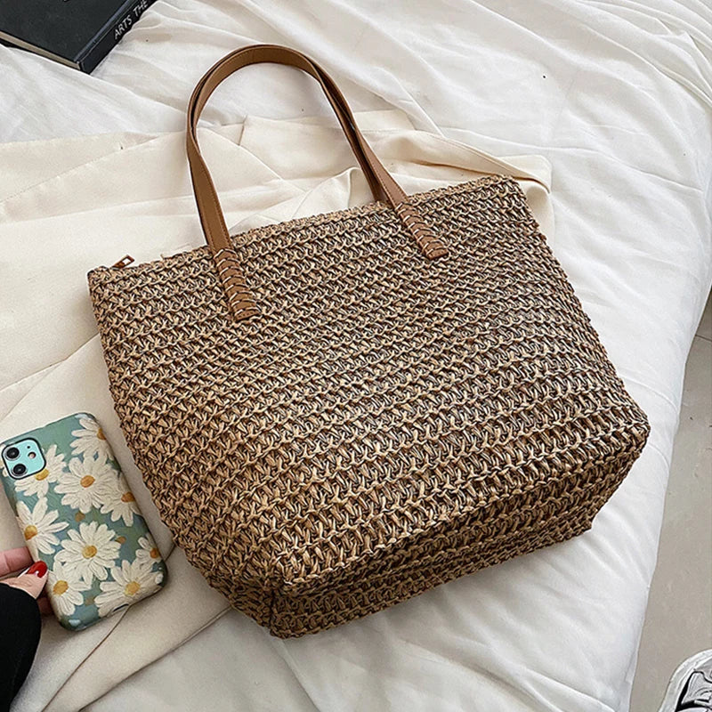 Summer Woven Shoulder Bag Women Beach Straw Knitted Handbag Travel Tote