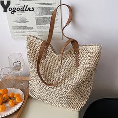 Summer Woven Shoulder Bag Women Beach Straw Knitted Handbag Travel Tote