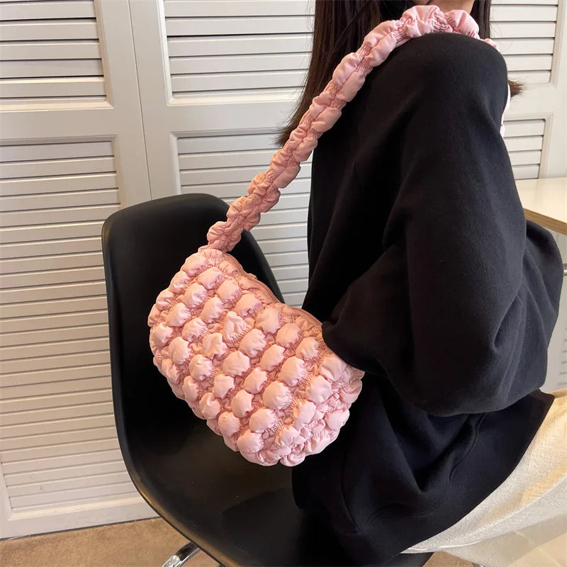 Soft Fabric Cloud Bags Padded Cotton Plaid Shoulder Handbags