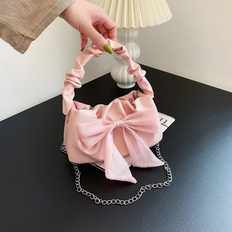 Sweet Bow Women's Shoulder Bags Lovely Girls Top-handle Bags Solid Pu Leather Cr
