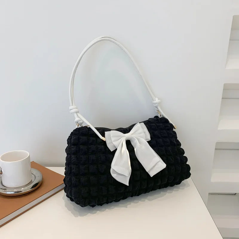Bowknot Shoulder Bag Pleated Plaid Ladies Beige Handbag