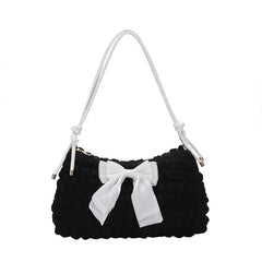 Bowknot Shoulder Bag Pleated Plaid Ladies Beige Handbag