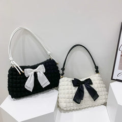 Bowknot Shoulder Bag Pleated Plaid Ladies Beige Handbag