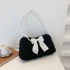 Bowknot Shoulder Bag Pleated Plaid Ladies Beige Handbag