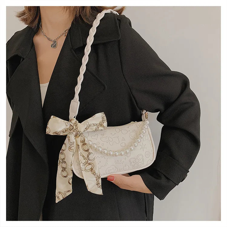 Cartoon Pattern Shoulder Bag with Silk Scarf