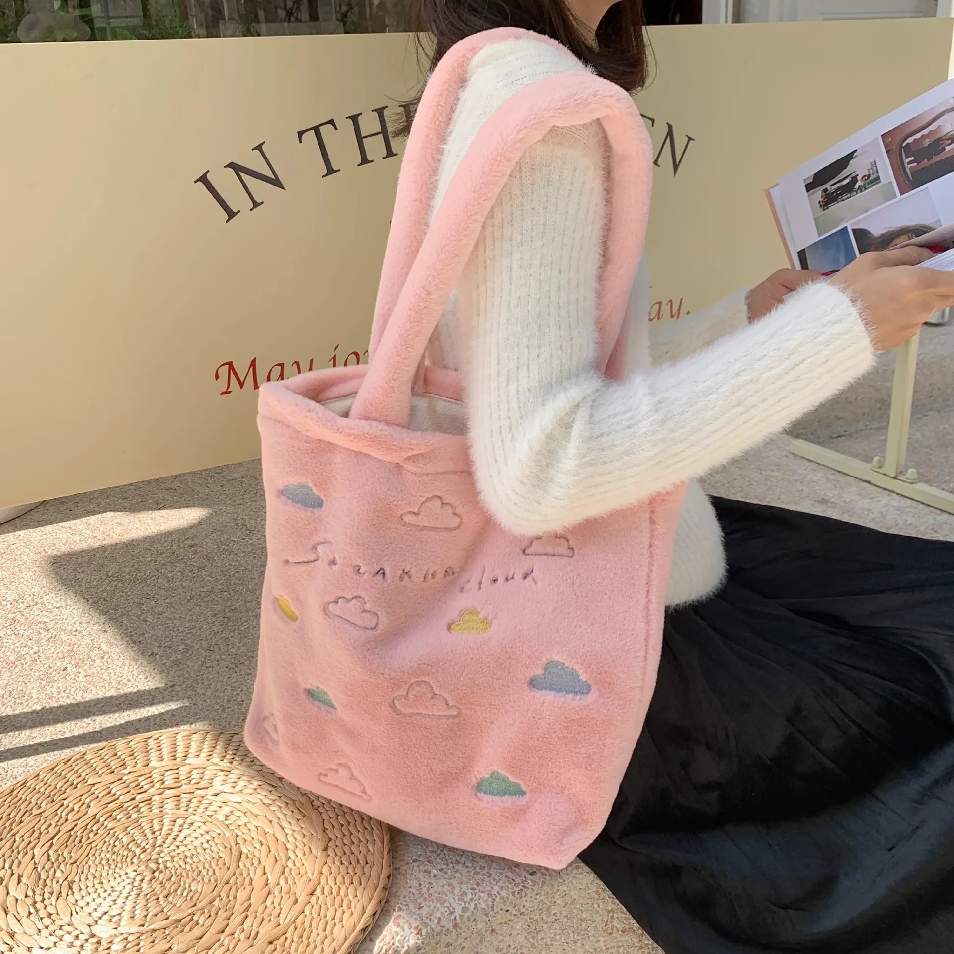 Faux Lamb Wool Women's Shoulder Bag Embroidery Cloud Female Plush Handbag