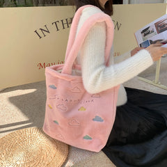 Faux Lamb Wool Women's Shoulder Bag Embroidery Cloud Female Plush Handbag