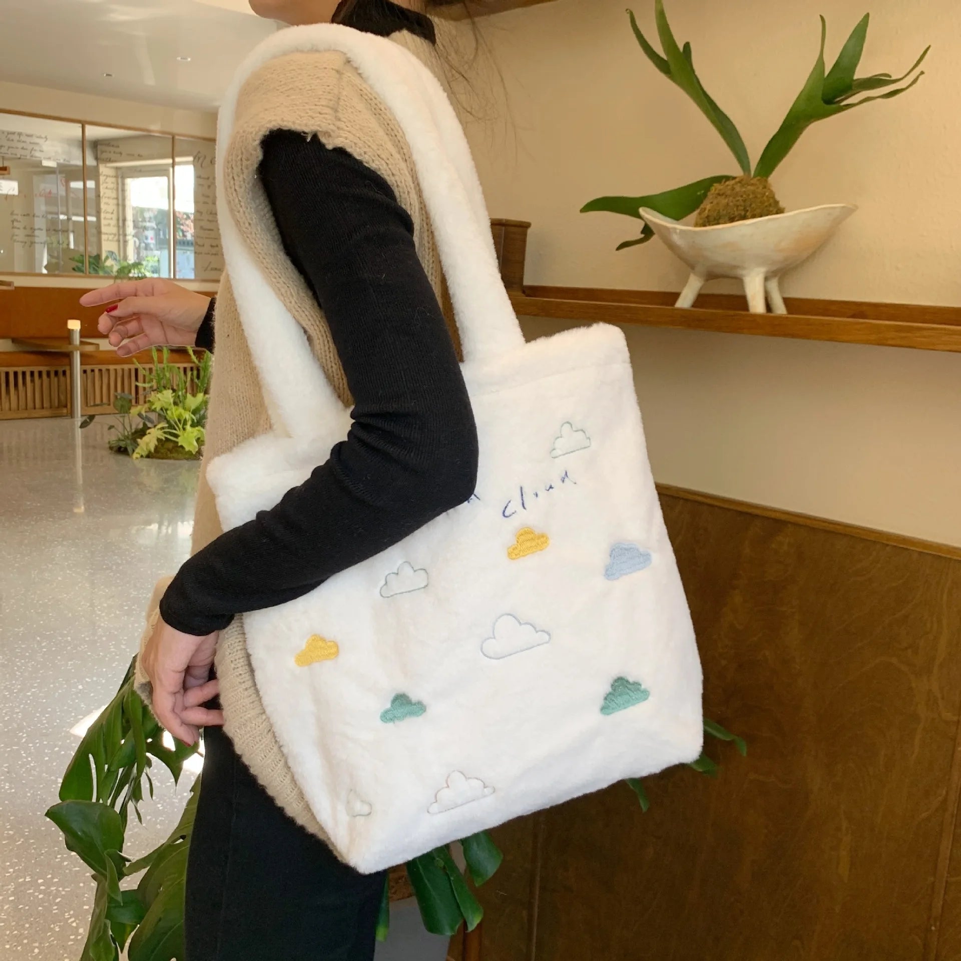 Faux Lamb Wool Women's Shoulder Bag Embroidery Cloud Female Plush Handbag