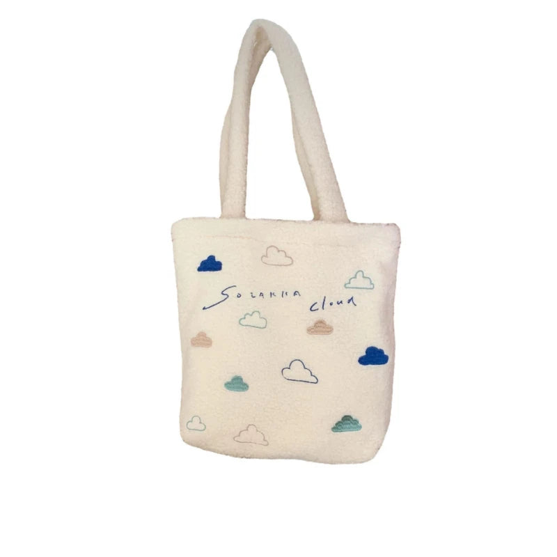 Faux Lamb Wool Women's Shoulder Bag Embroidery Cloud Female Plush Handbag