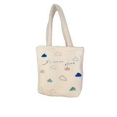 Faux Lamb Wool Women's Shoulder Bag Embroidery Cloud Female Plush Handbag