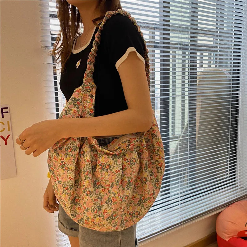 Sweet Floral Canvas Shoulder Bag Women Large Capacity Tote Vintage Purses