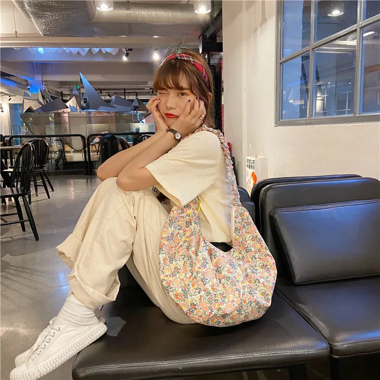 Sweet Floral Canvas Shoulder Bag Women Large Capacity Tote Vintage Purses