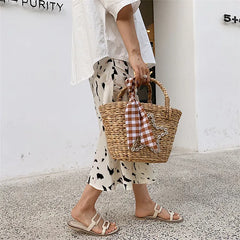Sweet Girl Straw Rattan Bag & Knitting Scarf Set