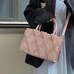 Sweet Girls Pink Small Tote Bags Solid Women's Diamond Lattice Shoulder Bag