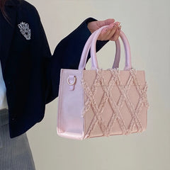 Sweet Girls Pink Small Tote Bags Solid Women's Diamond Lattice Shoulder Bag