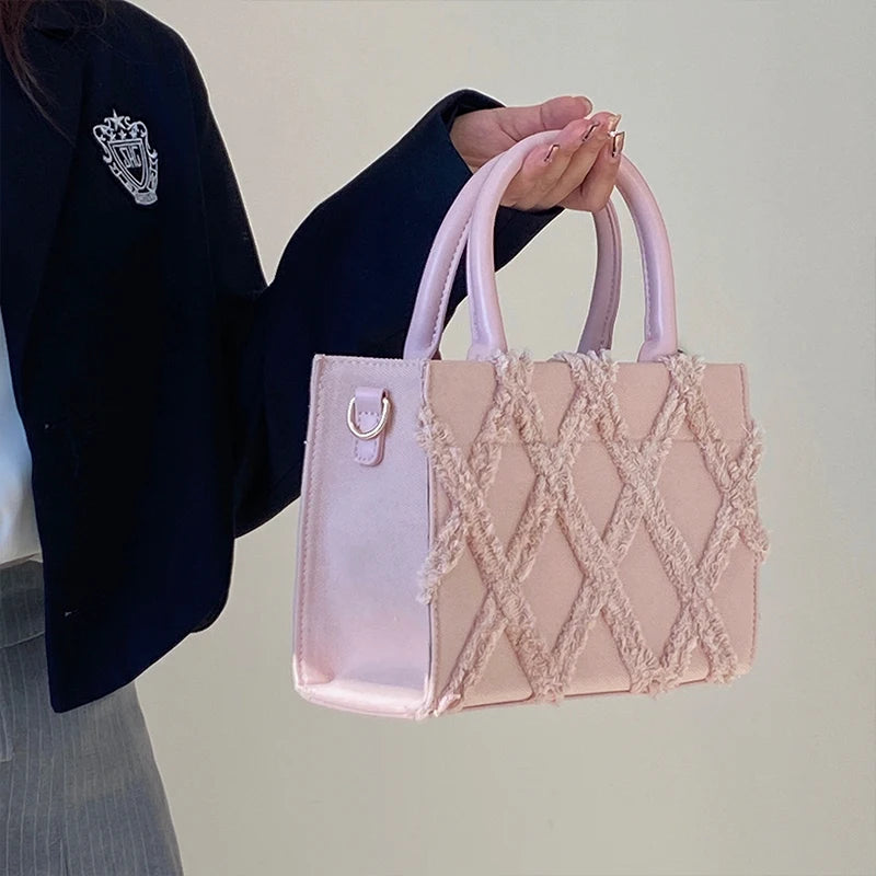 Sweet Girls Pink Small Tote Bags Solid Women's Diamond Lattice Shoulder Bag