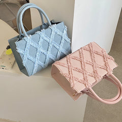 Sweet Girls Pink Small Tote Bags Solid Women's Diamond Lattice Shoulder Bag