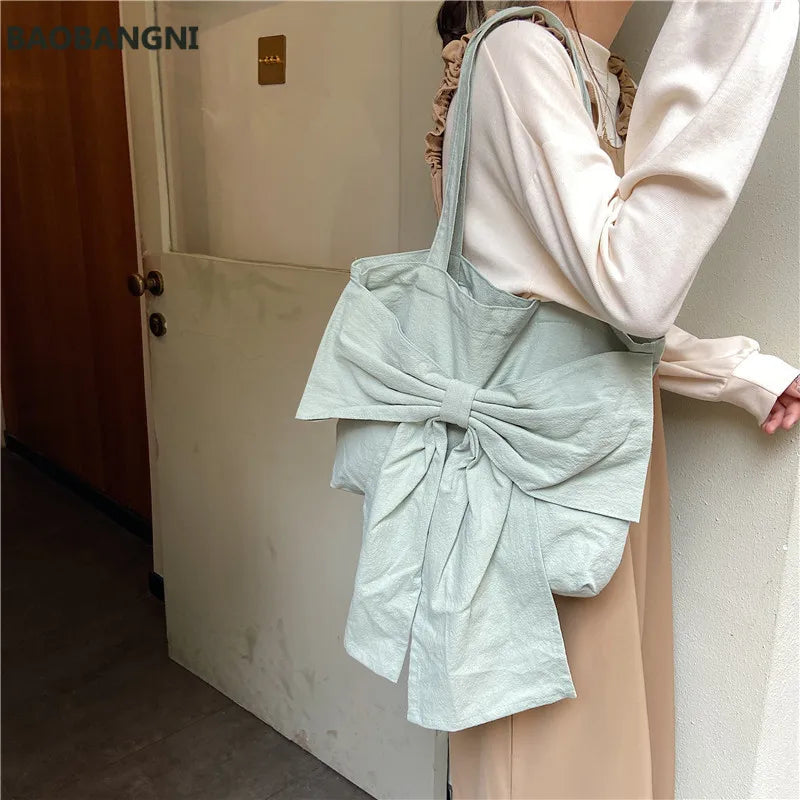 Sweet Girly Bowknot Canvas Shoulder Bag Vintage Ladies Casual Tote Handbags