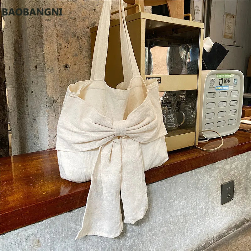 Sweet Girly Bowknot Canvas Shoulder Bag Vintage Ladies Casual Tote Handbags