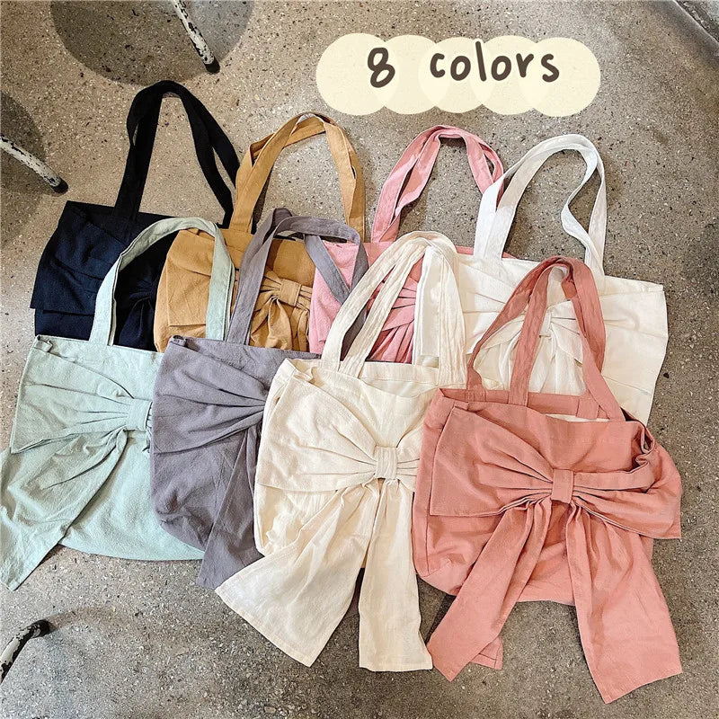 Girly Bowknot Canvas Shoulder Bag Vintage Ladies Casual Tote Handbags