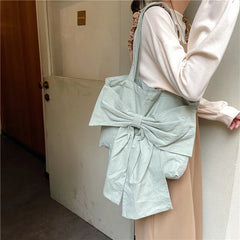 Girly Bowknot Canvas Shoulder Bag Vintage Ladies Casual Tote Handbags