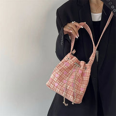 Embroidered Drawstring Shoulder Bag Retro Pink Plaid Purse Handbag