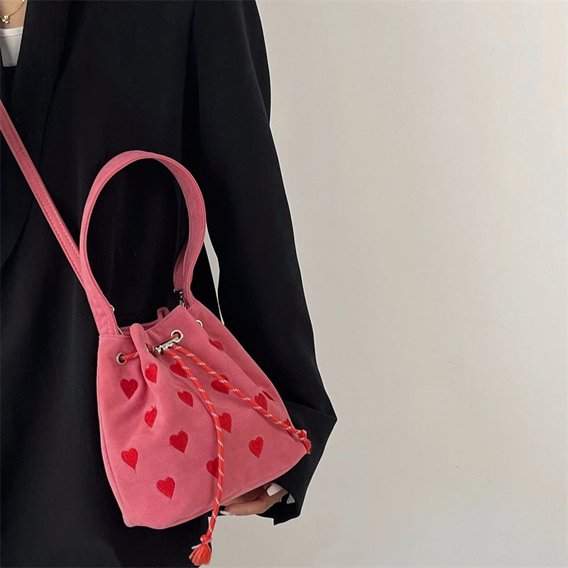 Embroidered Drawstring Shoulder Bag Retro Pink Plaid Purse Handbag