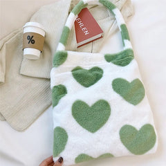 Heart Pattern Plush Shoulder Bag Crossbody Tote Furry Handbag