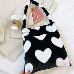 Heart Pattern Plush Shoulder Bag Crossbody Tote Furry Handbag