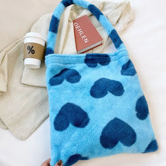 Heart Pattern Plush Shoulder Bag Crossbody Tote Furry Handbag