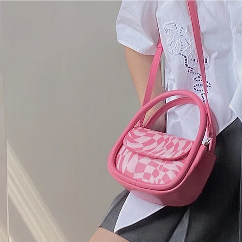 Sweet Pink Plaid Girly Tote Purse Handbags PU Leather Top Handle Crossbody Bag