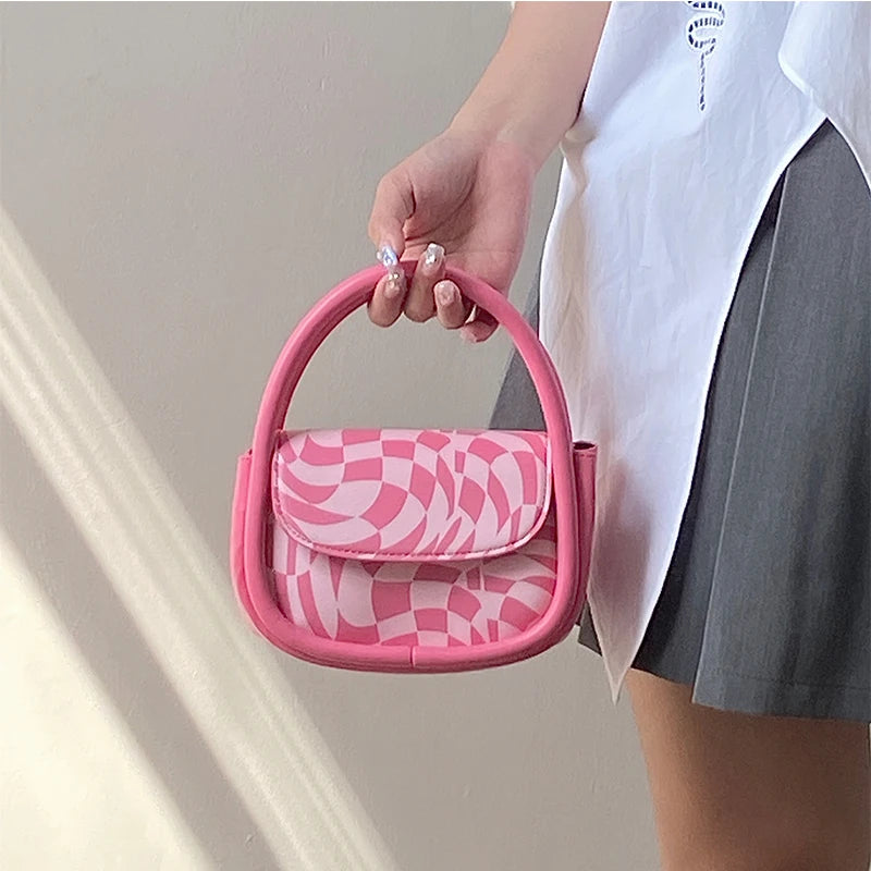 Sweet Pink Plaid Girly Tote Purse Handbags PU Leather Top Handle Crossbody Bag