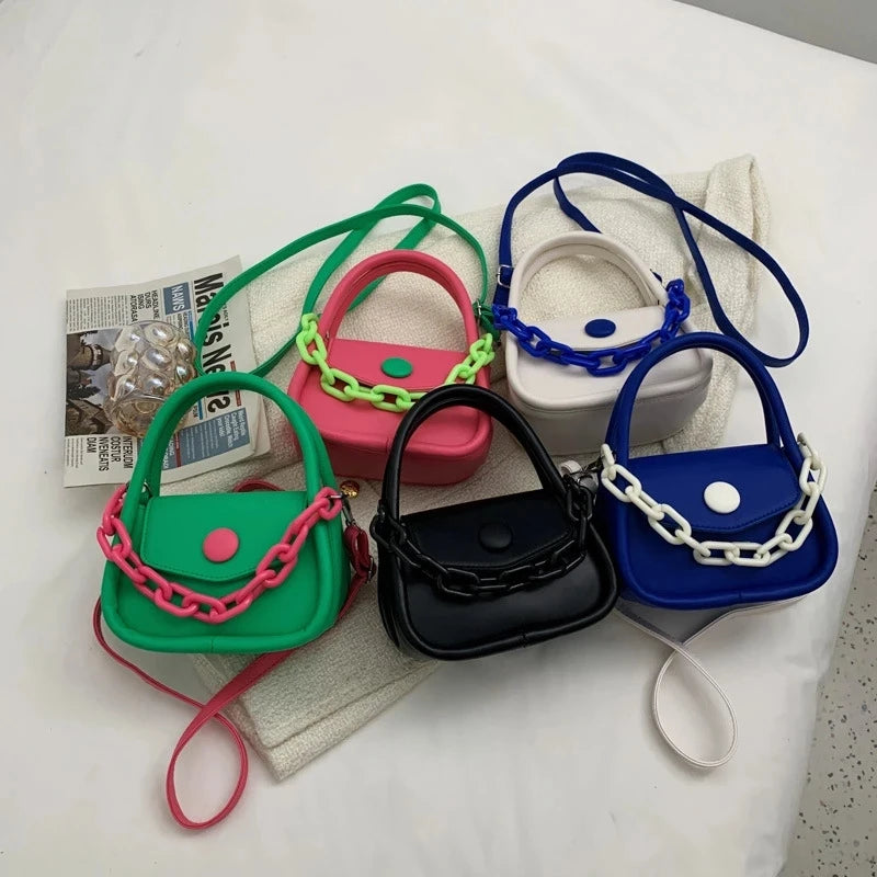 Girl's Shoulder Bag with Contrast Stitching Acrylic Thick Chain Crossbody Bag