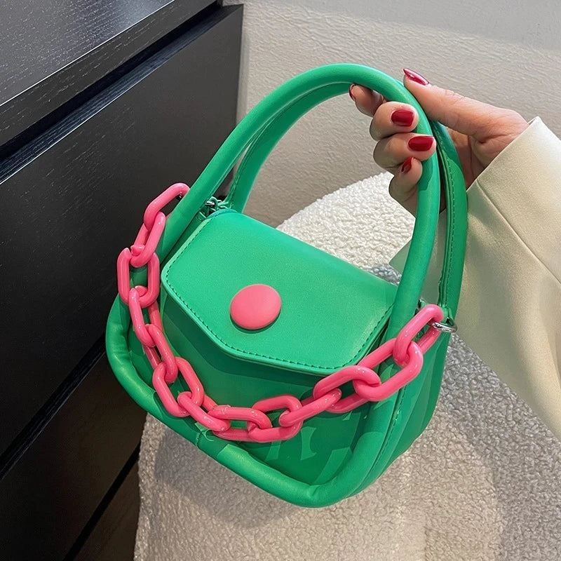 Girl's Shoulder Bag with Contrast Stitching Acrylic Thick Chain Crossbody Bag