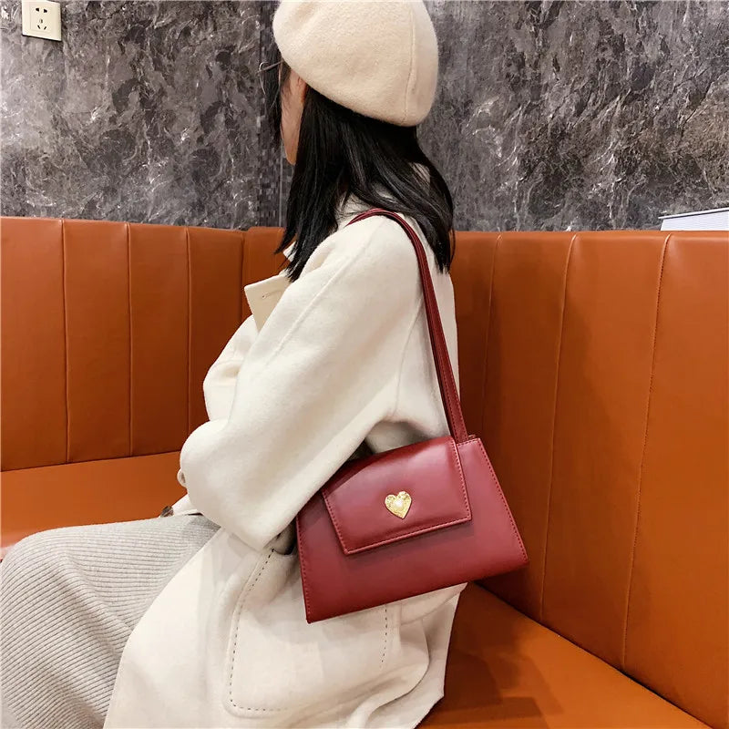Retro Square Shoulder Bag Metal Heart Shape Women Handbags