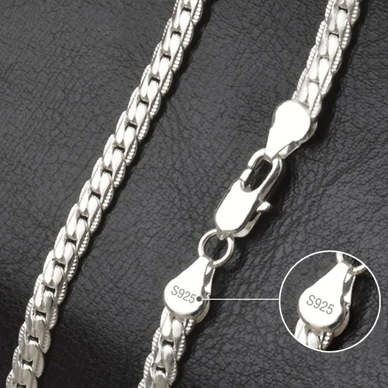 925 Silver 6mm Side Chain Necklace 8/18/20/22/24 Inch Wedding Jewelry