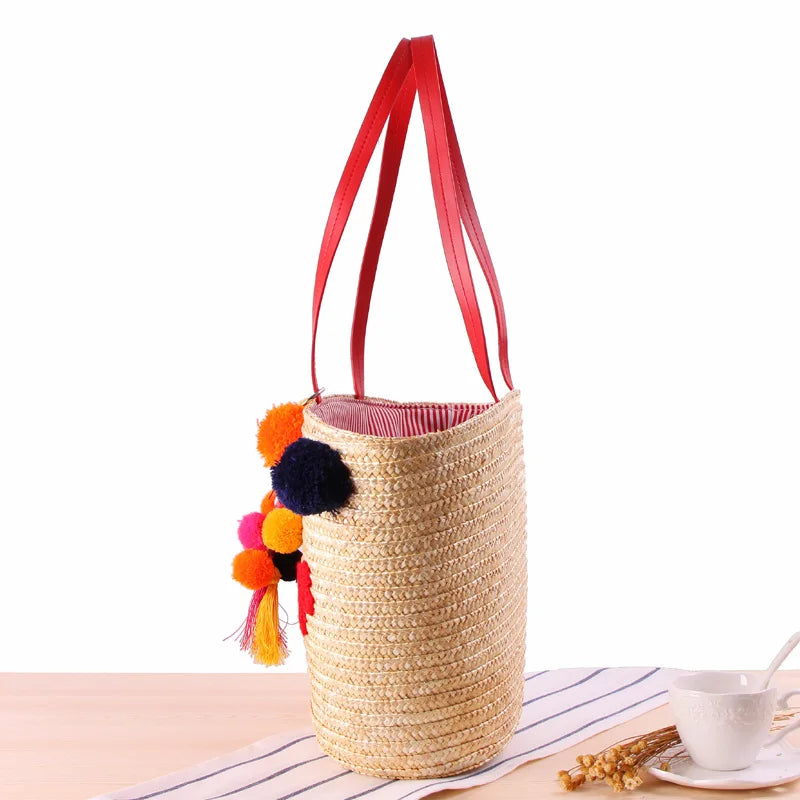 Women Summer Beach Bag With Hairball Tassel Large Tote Letter Messager Bag