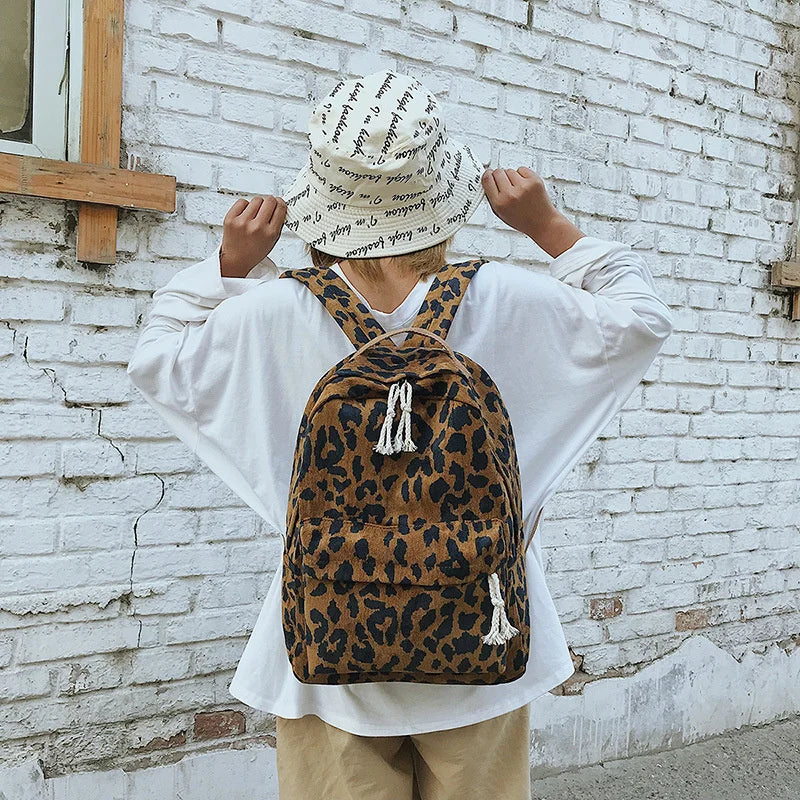 Leopard Print Backpack Handbag Corduroy Lady Schoolgirls Sac A Dos