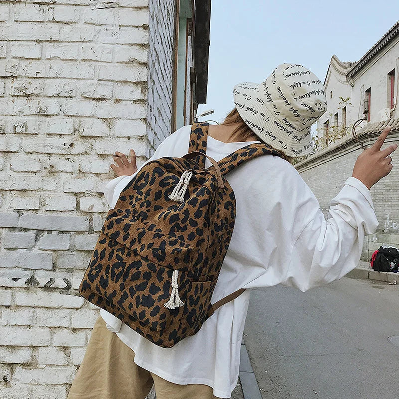 Leopard Print Backpack Handbag Corduroy Lady Schoolgirls Sac A Dos