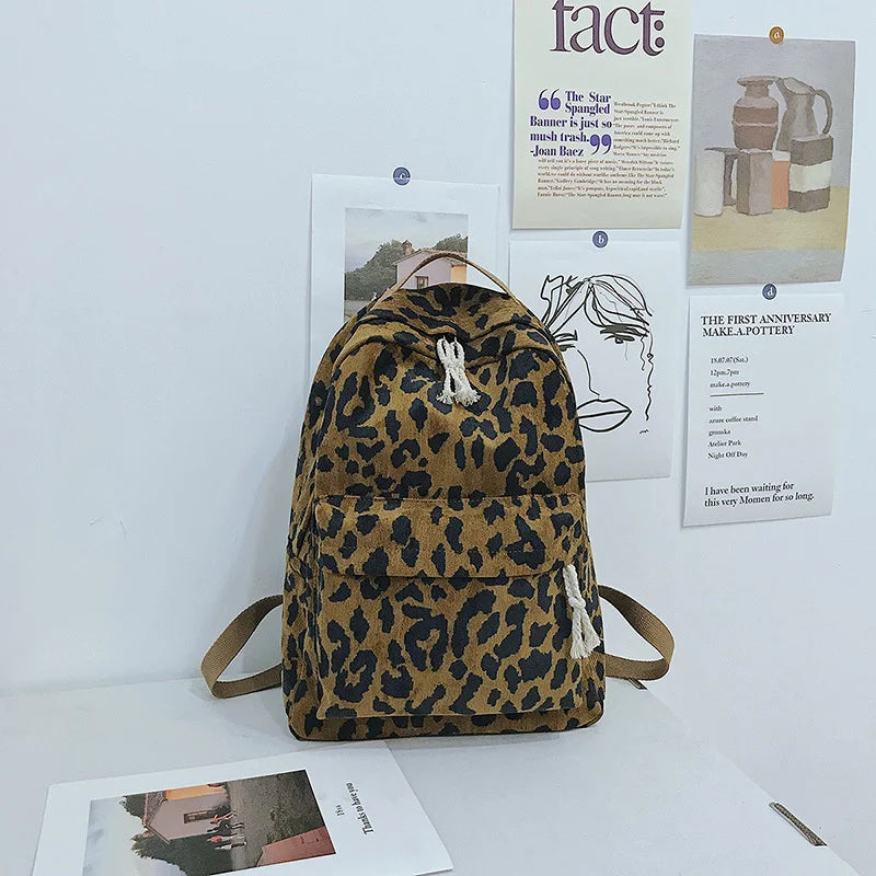 Leopard Print Backpack Handbag Corduroy Lady Schoolgirls Sac A Dos