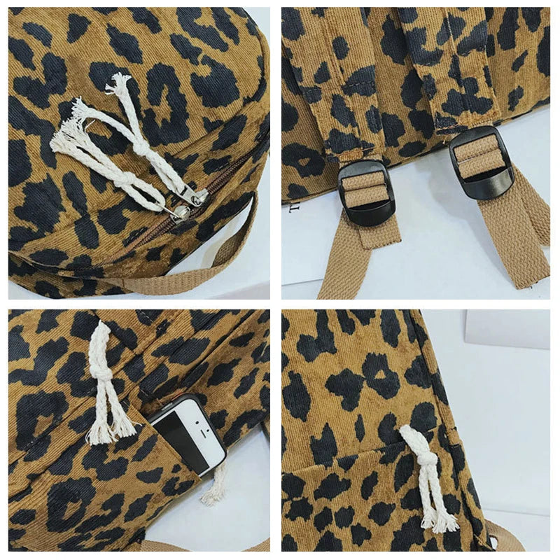 Leopard Print Backpack Handbag Corduroy Lady Schoolgirls Sac A Dos