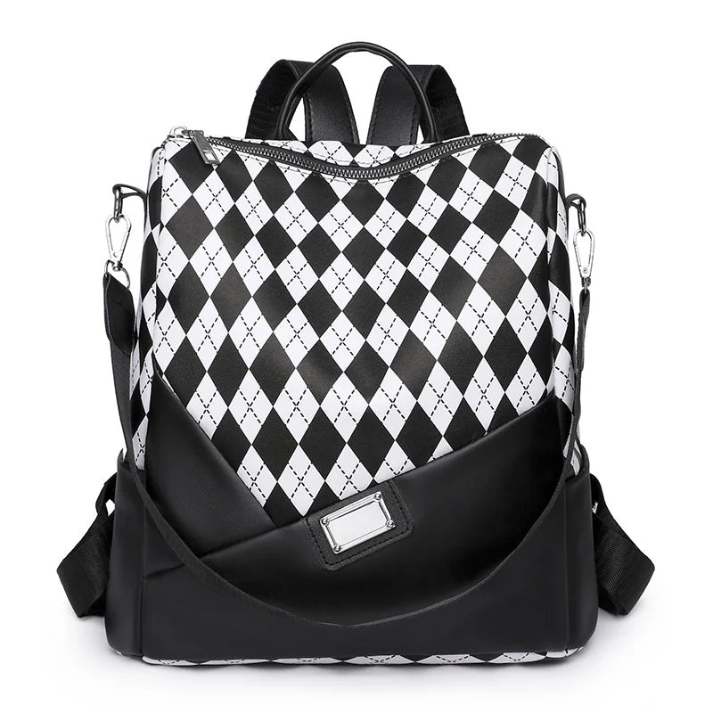 Leather Women Backpack Anti-theft PU Ladies School Bag Plaid Bookbag